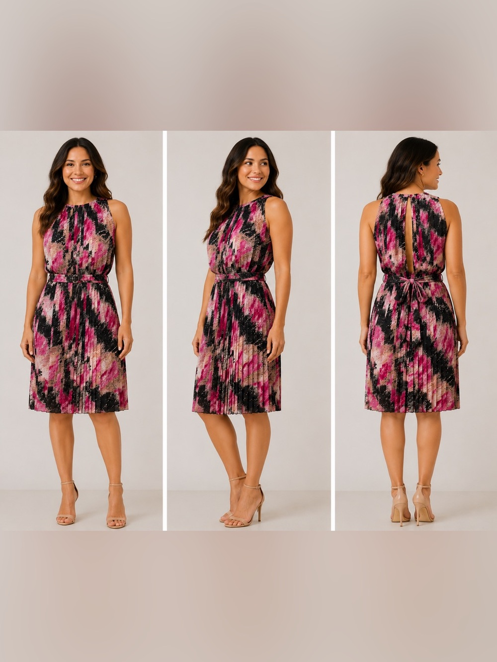 Diane Von Furstenberg Sleeveless Pleated Midi Dress in Pink, Black and Beige